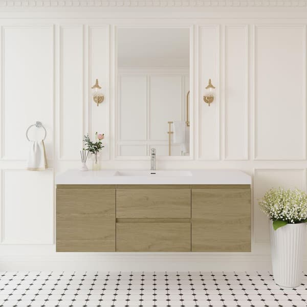 ANGELES HOME 60 in. W Floating Bathroom Vanity in Natural Oak with White Resin Top Basin, Soft Close Drawers