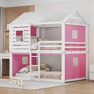 Pink and White Full Size Wood House Bunk Bed with Tent