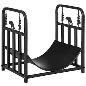 13 in. 1 Tier Heavy-Duty Curved Bottom Black Metal Indoor/Outdoor Firewood Rack with Fireplace Tools