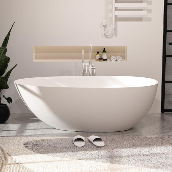 GIVING TREE 67 in. x 33.5 in. Eggy Shape Solid Surface Stone Resin Flatbottom Soaking Bathtub in Matte White