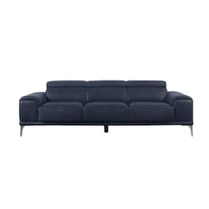 Quinn 93 in. W Rolled Arm 3-Seat Leather Sofa features Adjustable Headrest in Blue Color