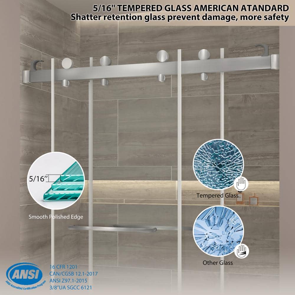 73 in Brushed Silver Frameless Double Sliding Shower Door
