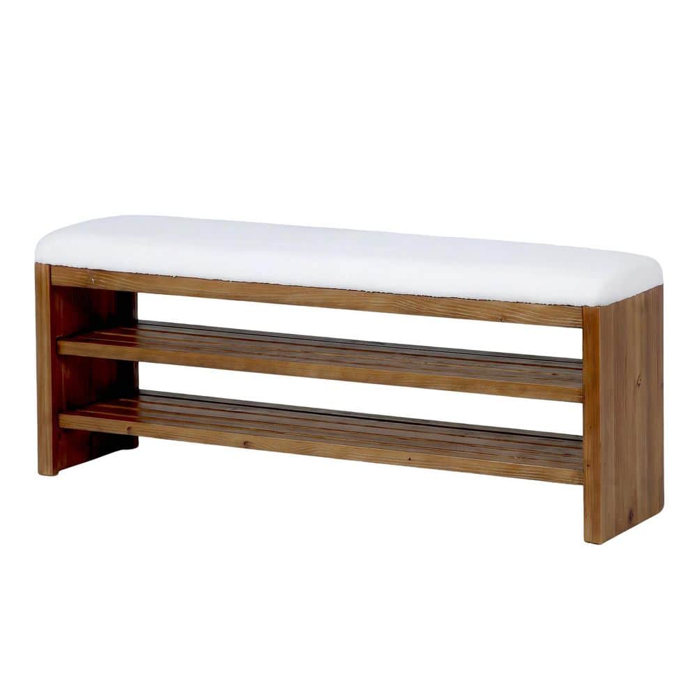 56 in. Upholstered Entryway Bench, 2-Tier Solid Wood Shoe Storage Bench for Living Room, Bedroom, Hallway, Brown