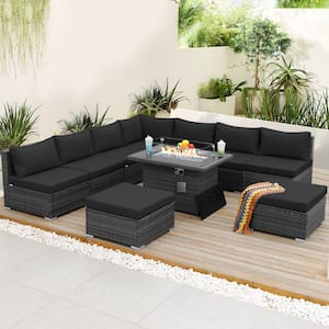 10 Pieces Gray Wicker Patio Conversation Set Deep Sectional Seating Set with Charcoal Cushions and Fire Pit Table