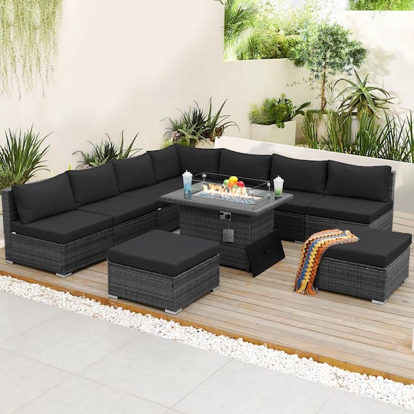 NICESOUL 10 Pieces Gray Wicker Patio Conversation Set Deep Sectional Seating Set with Charcoal Cushions and Fire Pit Table