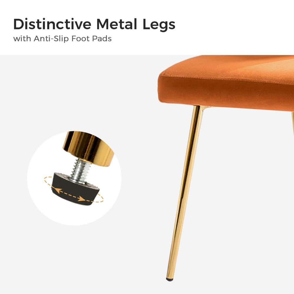 Velvet Upholstered Low Back Side Chair in Orange with Brass Legs, Set of 2
