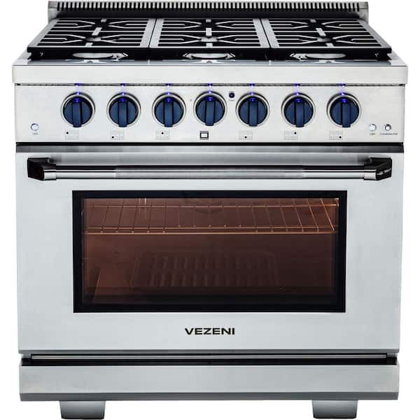 Randolph Collection 36 in. 6 Burners Freestanding Gas Range in Stainless Steel with Blue knobs