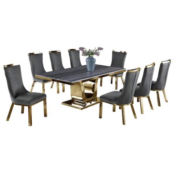 Best Quality Furniture Rogelio 9-Piece Dark Gray Marble Top with Gold Stainless Steel Base with 8 Dark Gray Velvet Chair w/Gold Legs.