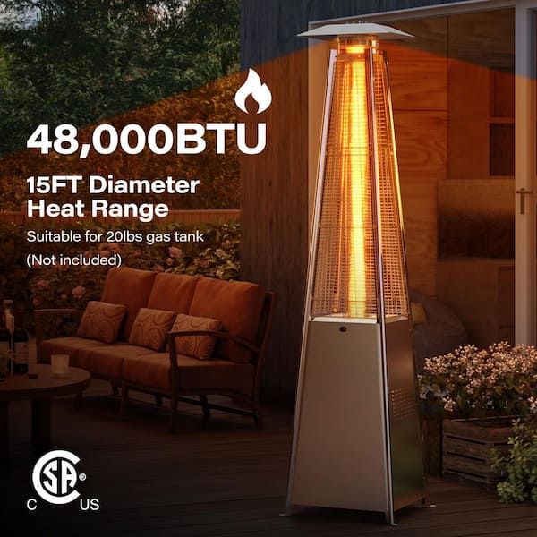 48,000 BTU Stainless Steel Pyramid Patio Flame Propane Gas Patio Heater with Wheels
