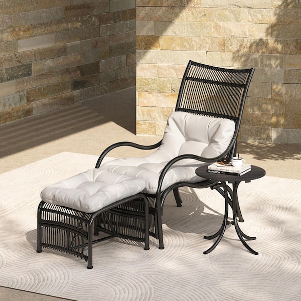 Unbranded 3-Piece Wicker Outdoor Patio Conversation Set with Lounge Chair Balcony Chairs Table Ottoman, with Beige Cushions, Black