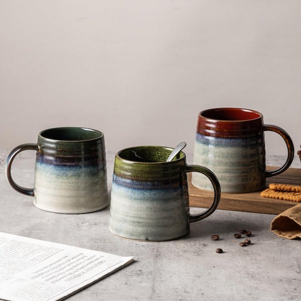 Wudkey 16 oz. Light Green Creamic Tea Cups with Handle, Handmade Wide Bottom Pottery Mug, Dishwasher and Microwave Safe