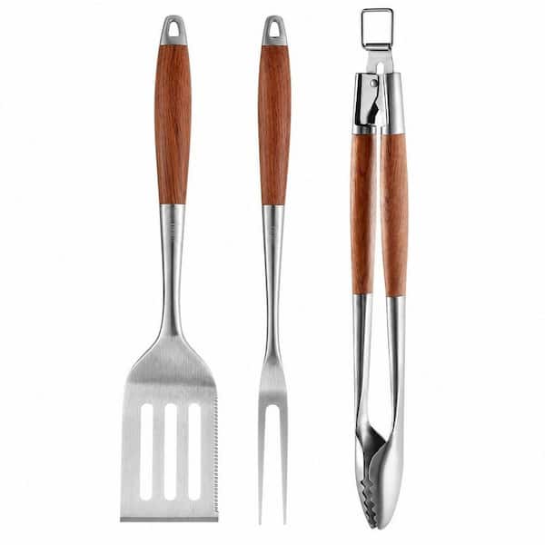 3-Piece Heavy-Duty Rose Wood Handle Extra Thick Stainless Steel BBQ Grilling Tools Set with Spatula Fork Tongs