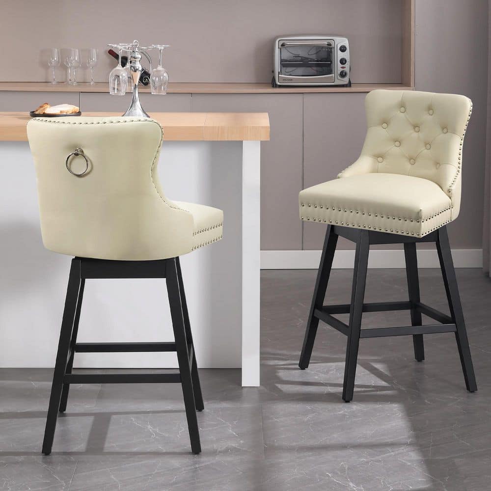 Beige Faux Leather Upholstered Swivel Counter Height Stools with Black Wood Legs, Set of 4