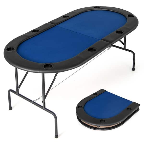 8 Players Poker Table with 8 Cup Holders and Comfy Armrests Smooth Felt Surface in Blue