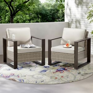 2-Piece Patio Wicker Outdoor Lounge Chair with Metal Frame and Beige Cushions