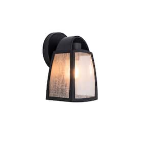 1-Light Black Outdoor Wall Mount Lantern with Seeded Glass