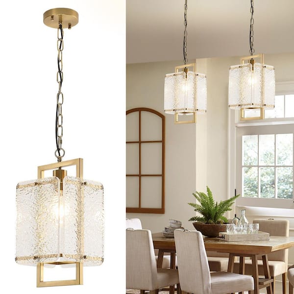 60-Watt 1-Light Brass Mini Pendant Light with Water Ripple Acrylic Shade and Adjustable Chain for Kitchen Island