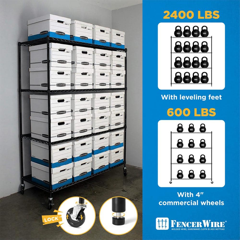 Black 60" Heavy Duty Adjustable Wire Shelving with Wheels