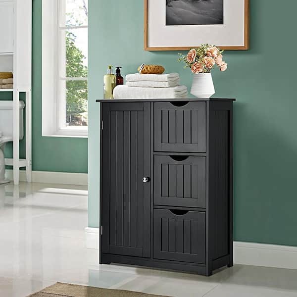 Costway Black Bathroom Floor Accent Cabinet with 3-Drawers and 1-Cupboard