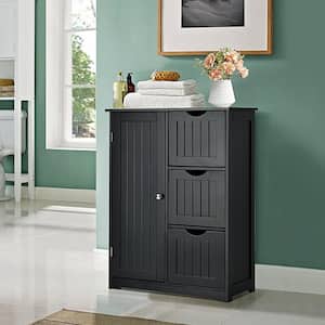 Black Bathroom Floor Accent Cabinet with 3-Drawers and 1-Cupboard
