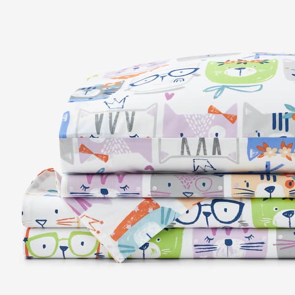 The Company Store Company Kids Stylish Cats White Multi Organic Cotton Percale Twin Sheet Set