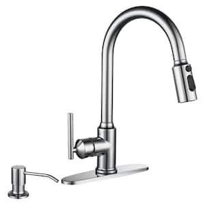 3 Patterns Stainless Steel Single Handle Pull Down Sprayer Kitchen Faucet with Flexible Hose Soap Dispenser in Chrome