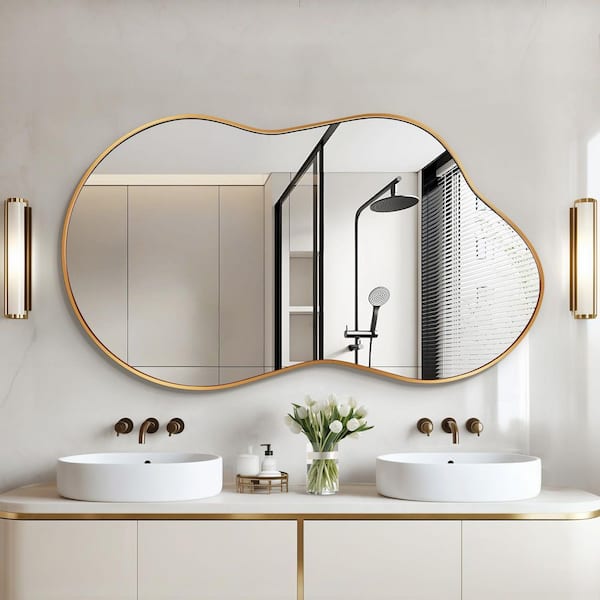 46 in. W. x 26 in. H Irregular Gold Aluminum Alloy Framed Wall Mirror Asymmetrical Wall Mirror