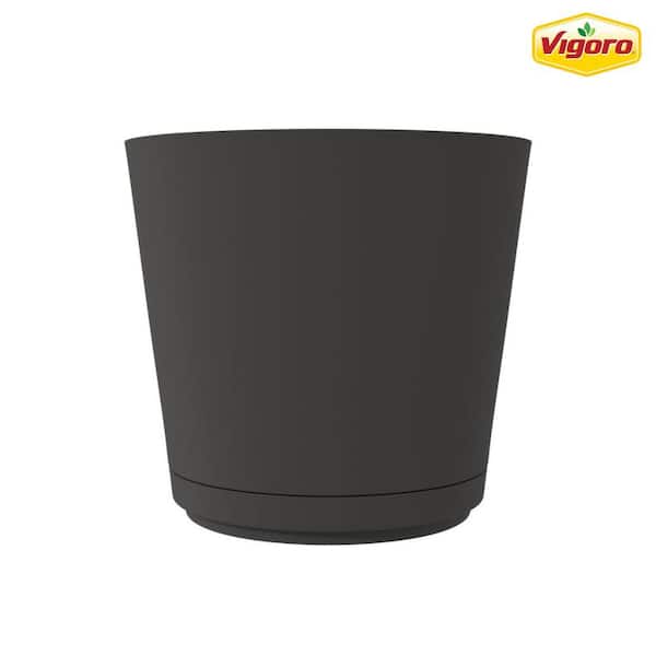 Vigoro 12 in. Kyra Medium Black Resin Planter (12 in. D x 11 in. H) with Attached Saucer