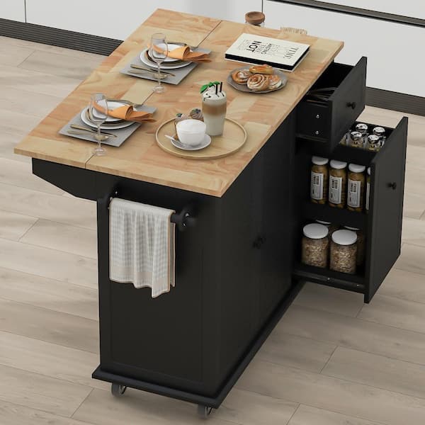 Harper & Bright Designs Black Kitchen Cart with Drop-Leaf, Cabinet Door Internal Storage Racks, 3-Tier Pull-Out Cabinet Organizer, 5 Wheels