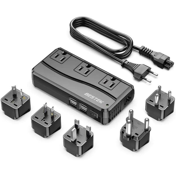 250W 220V to 110V Travel 2-to-3 Prong Adapter Voltage Converter with 3-Outlets and 4-Port USB and 5 Adapters in Black
