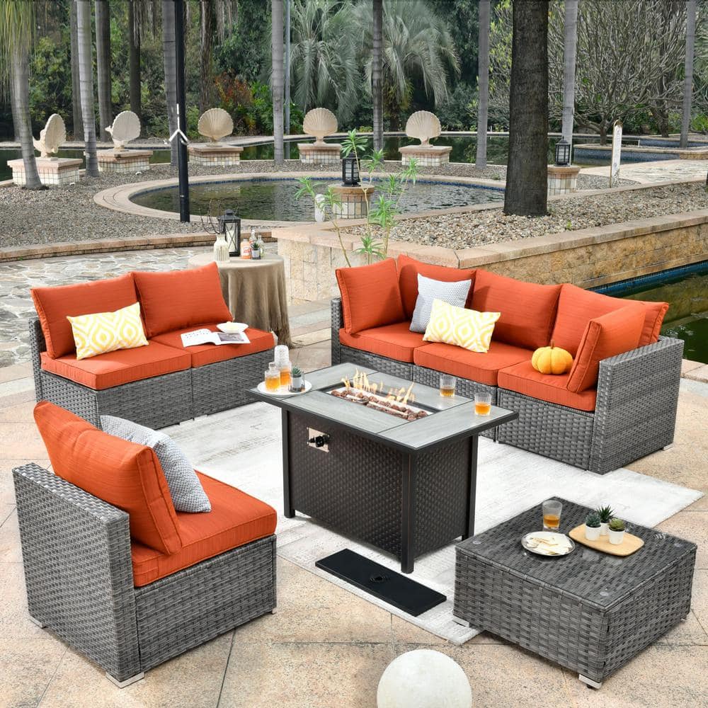 HOOOWOOO Messi Gray 8-Piece Wicker Outdoor Patio Conversation Sectional ...