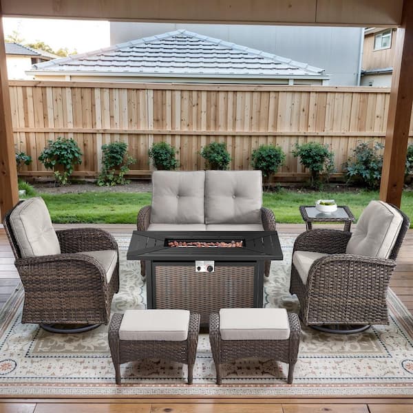 Brown 7-Piece Wicker Patio Fire Pit Set, Outdoor Glider Seating Set with Olefin Beige Cushions and Swivel Rockers