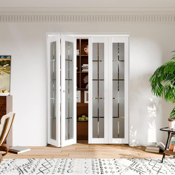 TENONER 72 in. x 80 in. 10 Lite Decorative Frosted Glass Solid Core White PVC Covering MDF Bi-fold Doors with Full Accessories