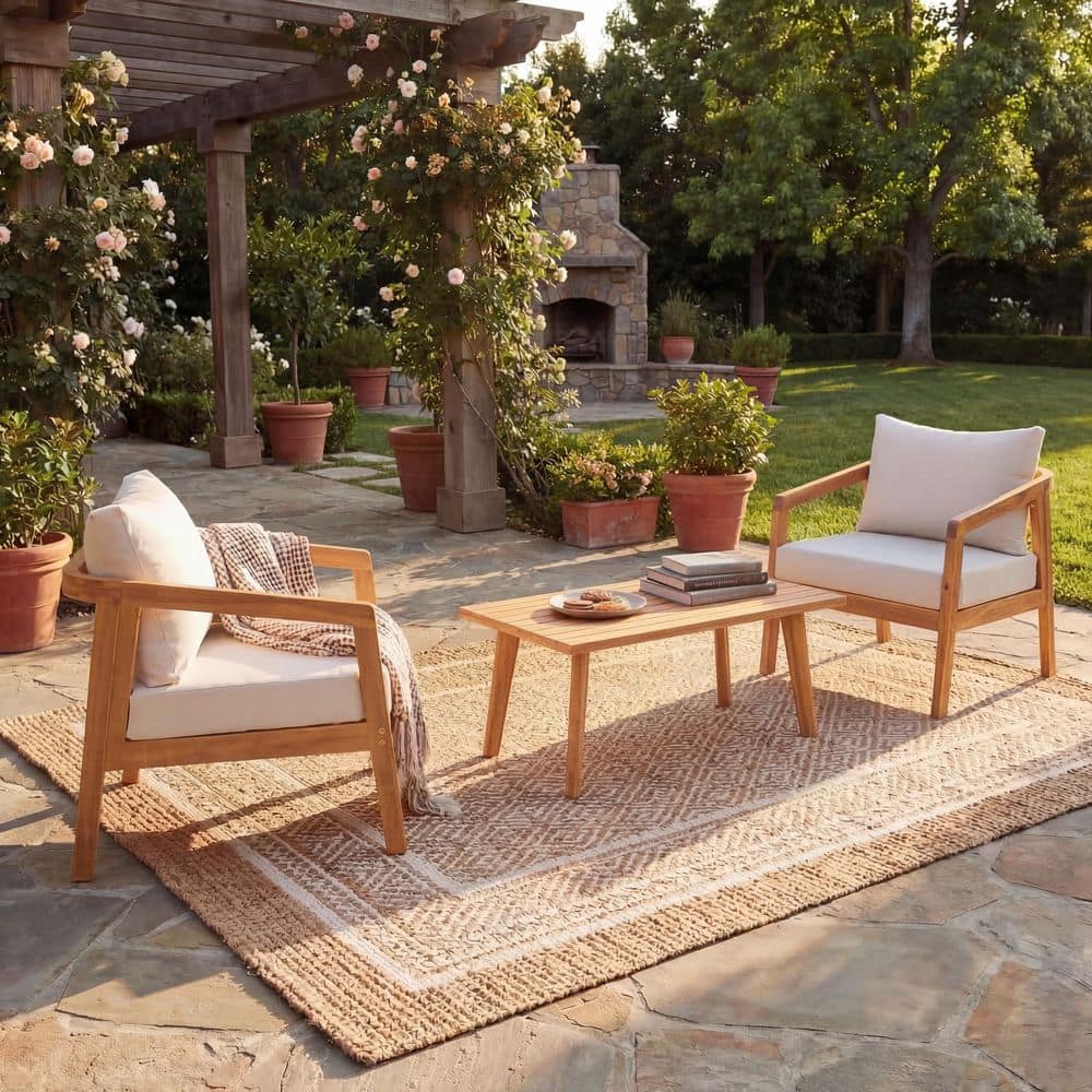 Ulvira Natural Finish Solid Wood Patio Conversation Set Outdoor Lounge Chairs with Beige Cushions and Coffee Table price history on PriceWatchPro