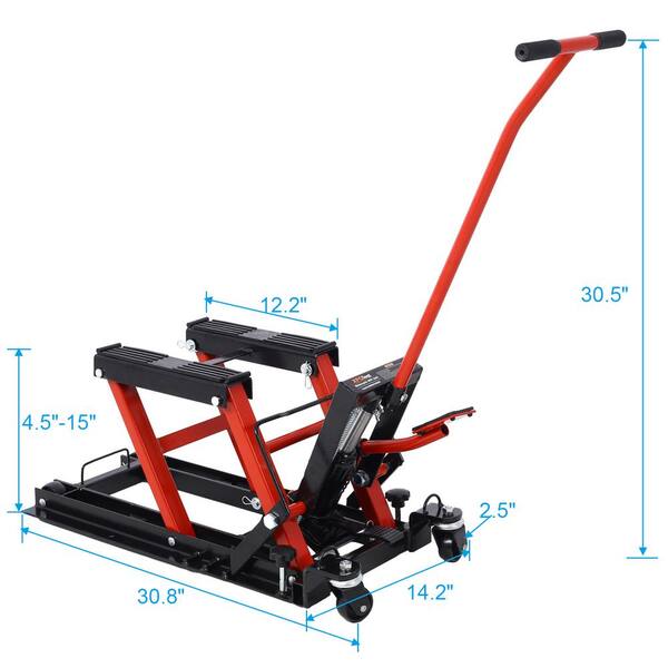 1500 lbs Capacity Portable Hydraulic Motorcycle Lift Jack in Red with Tie Down
