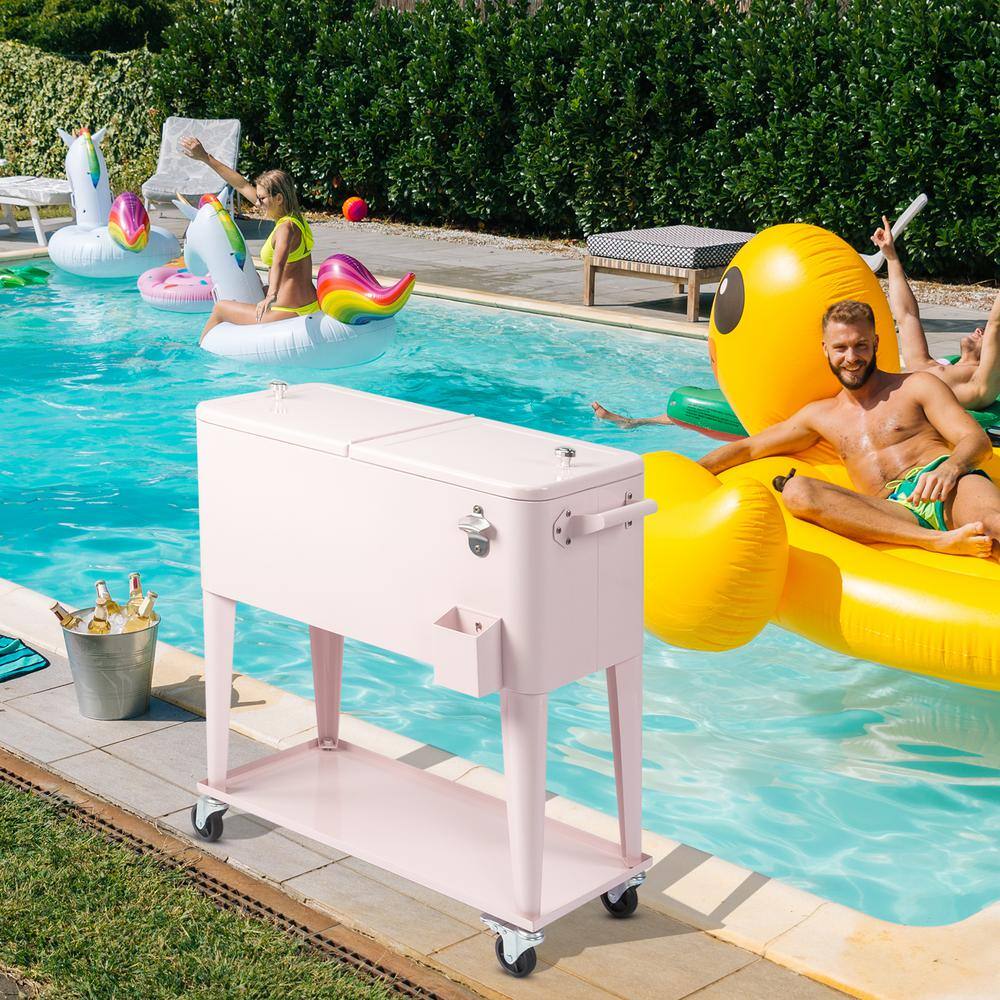 80 Qt Pink Metal Rolling Cooler with Lower Shelf and Lockable Wheels