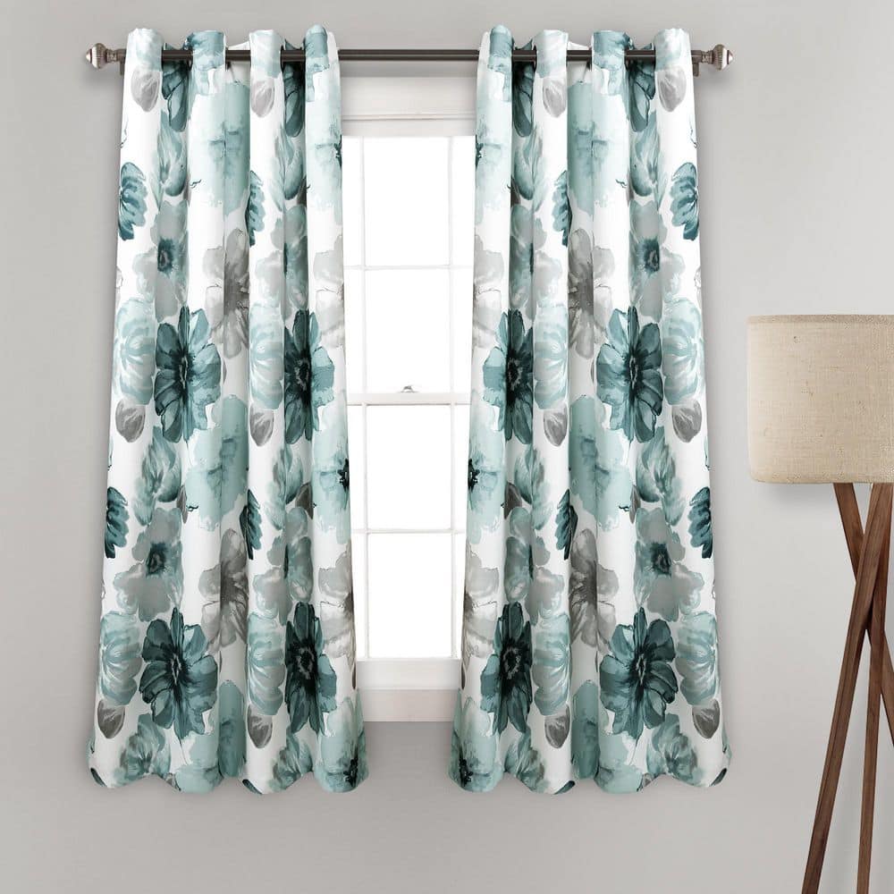 Leah Blue Floral Polyester Light Filtering Curtain Panels