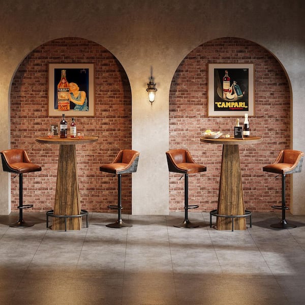Adan 37.4 in. H Farmhouse Brown Round Bar Table, Bistro Pub Table with High Top and Metal Footrest (Set of 2)