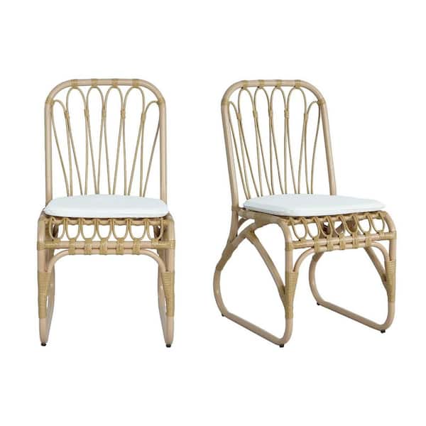 Unbranded Natural Wicker Outdoor Dining Chairs Set of 2, Upholstered Chairs with Washable White Cushion for Backyard, Poolside
