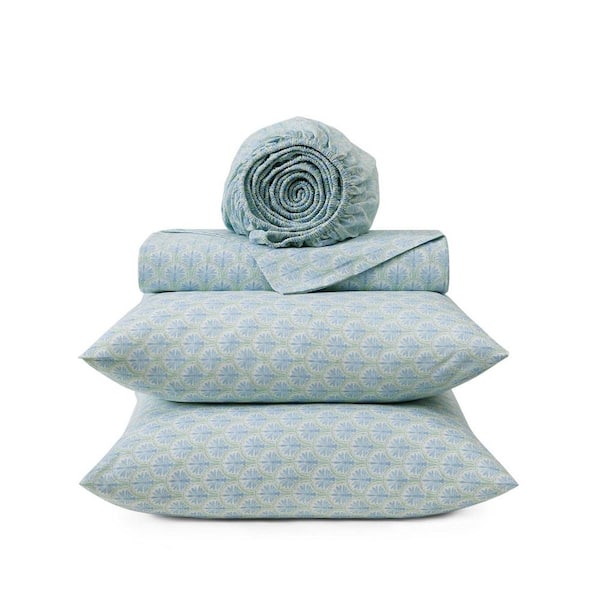 Coastal Bay 4-Piece Blue/Green Cotton Percale King Sheet Set