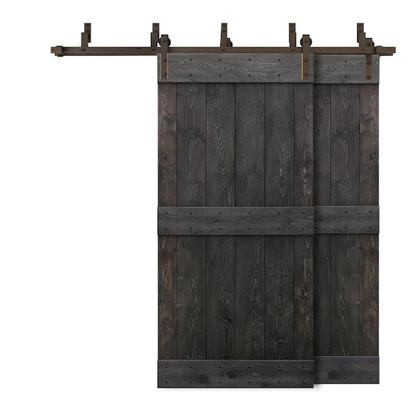 CALHOME 48 in. x 84 in. Mid-Bar Bypass Charcoal Black Stained Solid Wood Interior Double Sliding Barn Door with Hardware Kit