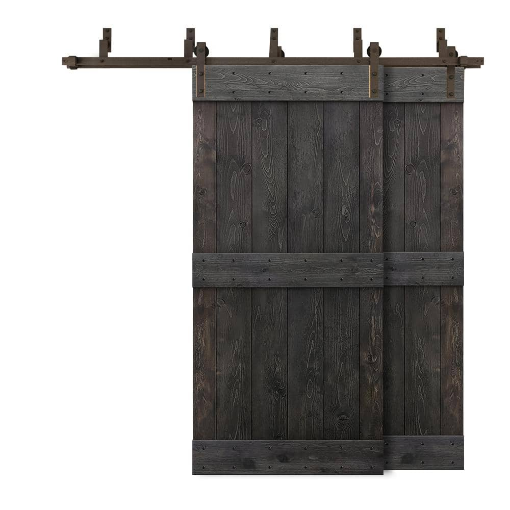 CALHOME 60 in. x 84 in. Mid-Bar Bypass Charcoal Black Stained Solid Wood Interior Double Sliding Barn Door with Hardware Kit