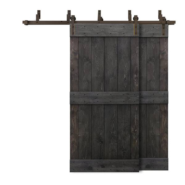 CALHOME 72 in. x 84 in. Mid-Bar Bypass Charcoal Black Stained Solid Wood Interior Double Sliding Barn Door with Hardware Kit