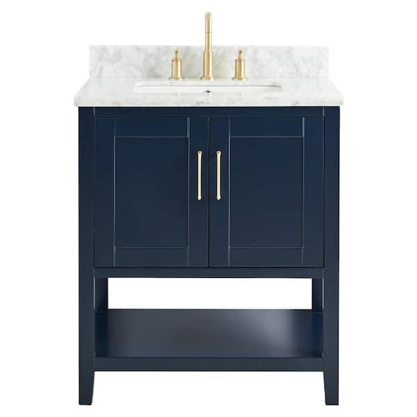 Unbranded Waldorf 30 in. W x 21 in. D x 34 in. H Free Standing Bath Vanity in Navy with Carrara Marble Counter Top