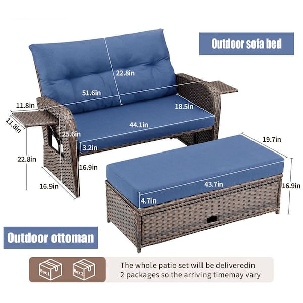 Brown Wicker Outdoor Sofa Day Bed Loveseat Sun Lounger for Backyard Porch with Cozy Cushion Guard Blue Cushions