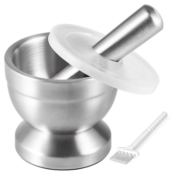 18/8 Silver Stainless Steel Mortar and Pestle with Brush, Pill Crusher, Spice Grinder, Herb Bowl, Pesto Powder