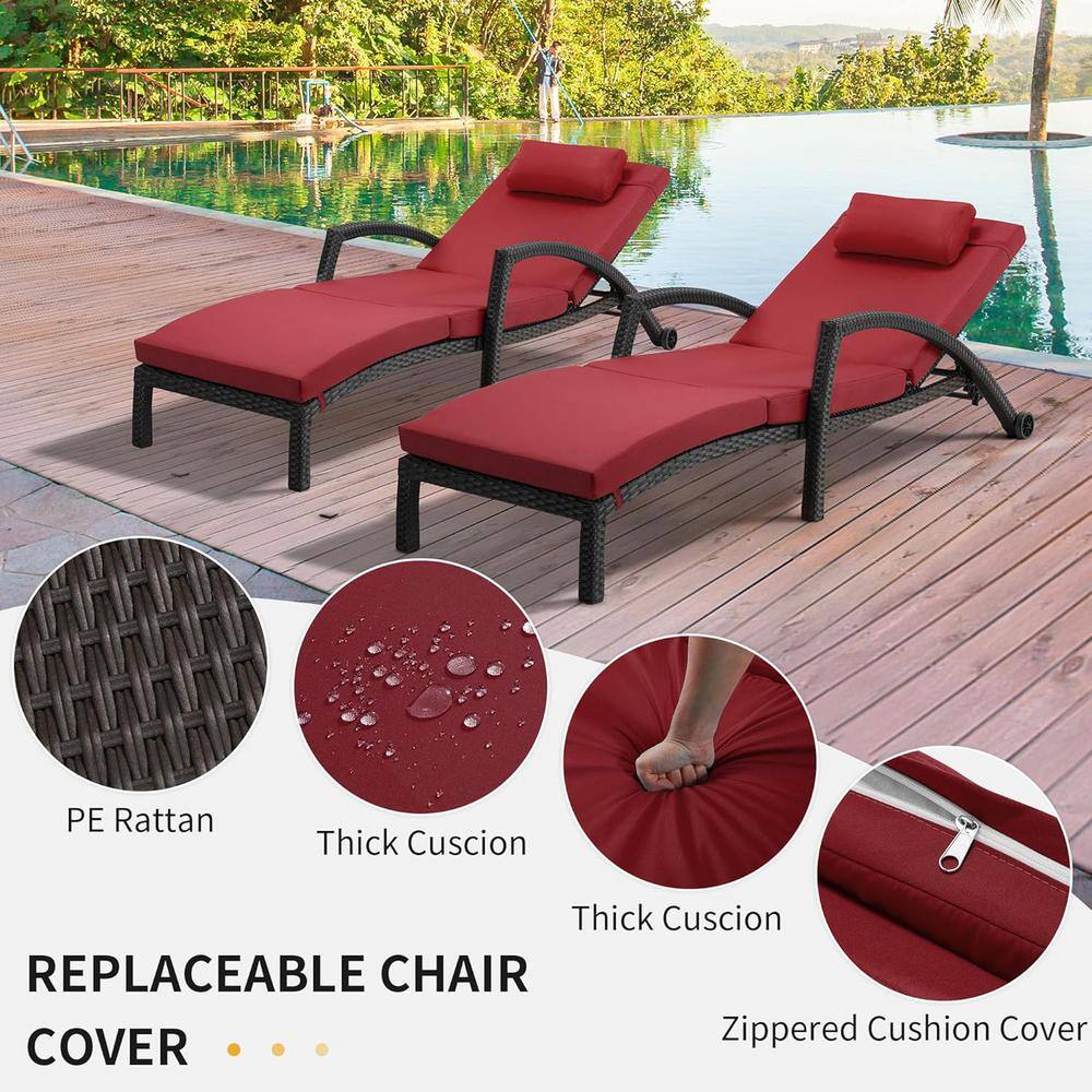 Red and Black Adjustable Wicker Outdoor Chaise Lounge Set