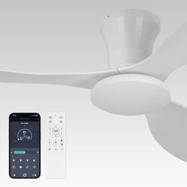52 in. Smart Industrial Indoor LED White Flush Mount Ceiling Fan with Light Kit Remote 3 Blades 3 Color Setting for Room