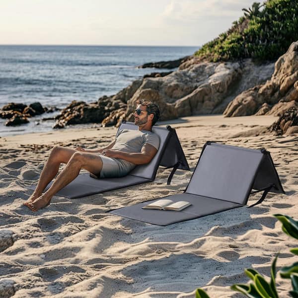2-Piece Grey Portable Stackable Outdoor Steel Chaise Lounge Chair with Adjustable Backrest
