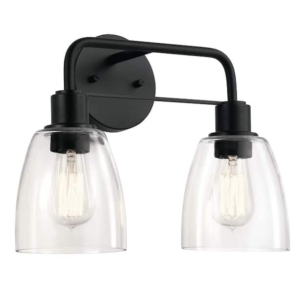 KICHLER Meller 15 in. 2-Light Black Vintage Bathroom Vanity Light with Clear Glass
